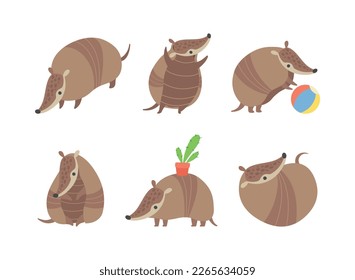 Cute Armadillo Character with Armor Shell Engaged in Different Activity Vector Set