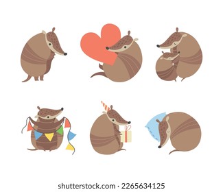 Cute Armadillo Character with Armor Shell Engaged in Different Activity Vector Set