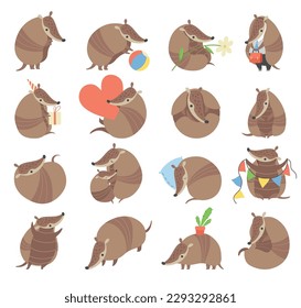 Cute Armadillo Character with Armor Shell Engaged in Different Activity Big Vector Set