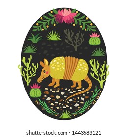 Cute armadillo in the desert, beautiful print with plants and pink flowers on a dark background. Oval book illustration for children isolated on a white background.