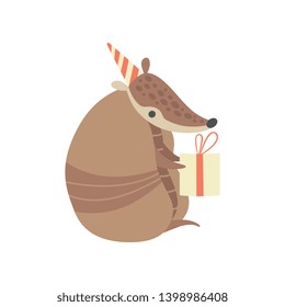 Cute Armadillo in Party Hat Holding Gift Box, Adorable Pleistocene Animal Cartoon Character Celebrating Birthday Vector Illustration