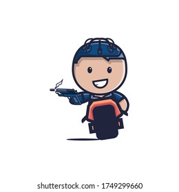Cute armored robot cyborg riding a motorcycle with aiming a gun flat style vector illustration
