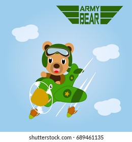 cute army bear on plane. vector cartoon illustration for kid shirt design, wallpaper, book cover design