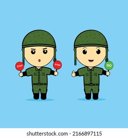 Cute Army Holding Go And Stop Sign Cartoon Character Premium Vector