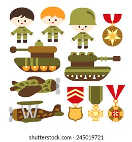 Cute army themed vector. Kids, tanks, emblem.