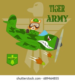 cute army tiger on the plane. vector cartoon illustration for kid shirt design, wallpaper, book cover design