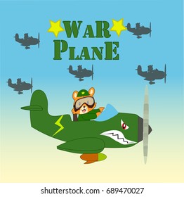 cute army tiger on the war plane. vector cartoon illustration for kid shirt design, wallpaper, cover book design