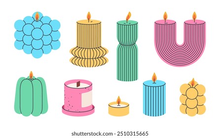 Cute aroma candles. Burning aromatic candles, wax decorative candles, home interior decor and aromatherapy flat vector illustration set. Colorful candles collection