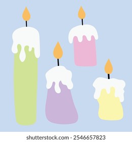 Velas de aroma lindo. Velas aromáticas en llamas, velas decorativas de cera, decoración interior del hogar y Ilustración vectorial plana de aromaterapia 