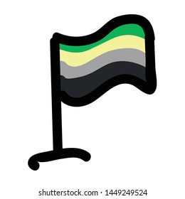 Cute aromantic flag cartoon vector illustration motif set. Hand drawn isolated LGBTQ pride elements clipart for gay blog, sexuality graphic, aro web buttons.