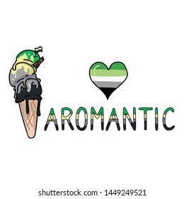 Cute aromantic ice cream cone cartoon vector illustration motif set. LGBTQ aro sweet treat elements for pride blog. Typography graphic for summer web buttons.