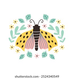 Lindo arreglo con mariposa y Elementos florales aislados en blanco. Ilustración vectorial dibujada a mano. Diseño de verano y primavera para tarjeta de felicitación, cartel o ropa.