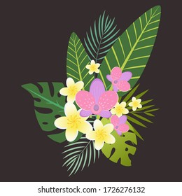 Cute arrangement with tropical flowers and leaves. Vector cartoon floral elements isolated on dark background. Jungle flora in flat style. Palm, monstera, banana leaf, orchid, plumeria flowers.