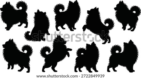 A cute array of eight black Pomeranian or Spitz dog silhouettes, showcasing various stances including standing, sitting, and active jumps on a clean white surface.