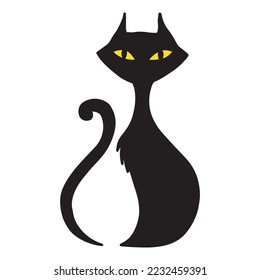 Cute arrogant Black Cat sitting with yellow eyes - Halloween. Simple flat cartoon drawing , isolated on white clip-art vector illustration.