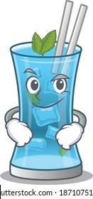 A cute arrogant caricature design of blue hawai cocktail having confident gesture