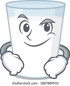 A cute arrogant caricature design of glass of milk having confident gesture. Vector illustration