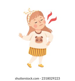 Cute arrogant little girl. Adorable girl dressed casual clothes showing refuse gesture cartoon vector illustration
