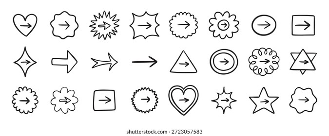 Cute arrow in frame set for bullet journal doodle hand drawn icon set. Diary note arrow elements in the shape of flower, star, heart, circle. Vector illustration