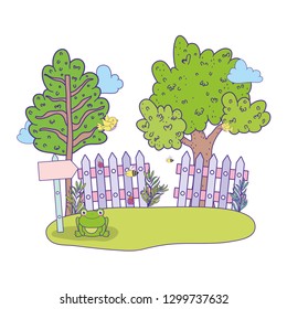 cute arrow guide wooden with tree in landscape