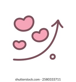 Cute arrow up icon. Hand drawn illustration of a arrow pointing upwards with pink hearts isolated on a white background. Happiness concept. Vector 10 EPS.