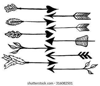 Cute arrows, hand drawn doodles set. Tribal, ethnic, hipster arrows sketch collection for design decoration