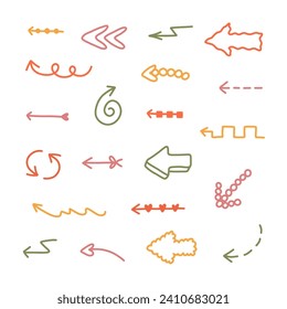 Cute arrows set in comic doodle style. Cartoon collection of arrows with hand drawn outline, curved lines, swirls in different directions. Business arrow mark icons isolated on white background.