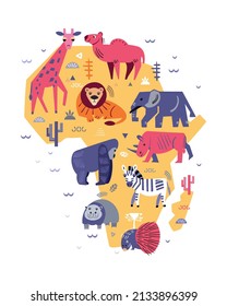 Cute art decorative Africa flat animals and forest elements on map. Scandinavian handmade poster for print. Vector illustration. Poster for kids.