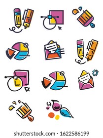 Cute art and design icons with pencils, paintbrushes, envelopes, and pie charts