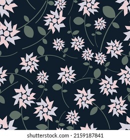 Diseño floral sin costuras de arte. Las flores abstractas de color rosa-gris con tallos y hojas de color azul están colocadas al azar sobre un fondo negro. Vector.