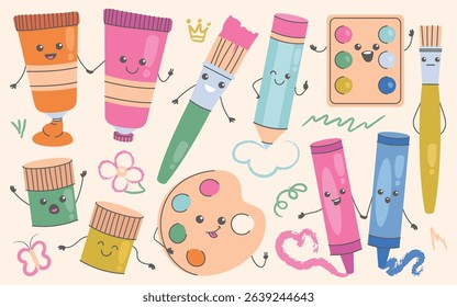 Cute art school supplies funky characters with happy cheerful emotions on faces education set. Painting accessories, drawing equipment, creativity stationery kawaii mascot vector illustration