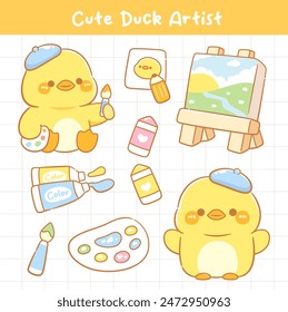 Cute art supplies kawaii tools with cute yellow duck sticker