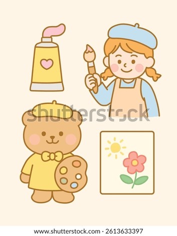 Cute Art Supply and Character Illustration Set – Kawaii School Art Concept