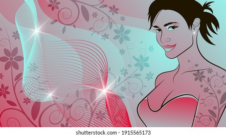 cute art wallpaper in gentle colors. abstract portrait of a smiling girl, floral elements, overlapping shapes with wavy edges, intertwining smooth thin lines, glare and glow. vector 