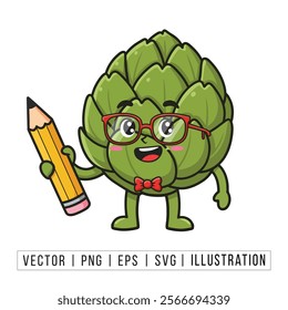 Cute Artichoke Cartoon Character Holding Pencil - Educational and Fun Vector Illustration