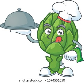 Cute artichoke as a Chef with hat and tray cartoon style design