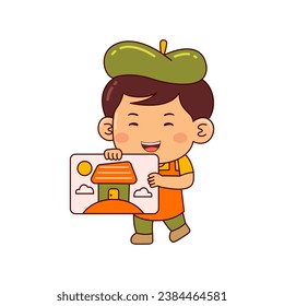 cute artist boy cartoon character vector illustration