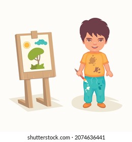 cute artist boy, children painting, vector illustration