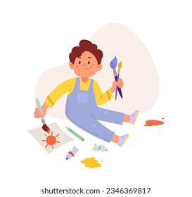 Cute Artist boy is painting on paper with paint brushes sitting on the floor. Funny cartoon kid character. Children art and design school concept