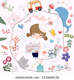 Cute artist girl drawing imagination cartoon,illustration doodle comic art,baby toddler nursery colorful theme 