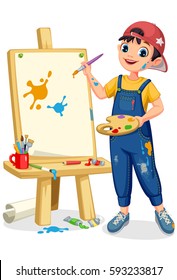 Cute Artist Little Boy Painting On Canvas Vector Illustration