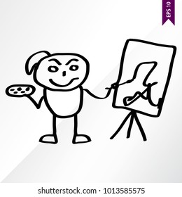 Cute artist little girl painting on canvas, vector