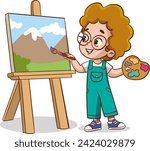 Cute artist little kids painting on canvas vector illustration