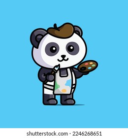 Cute artist painte panda with holding brush and paint cartoon illustration vector animal 