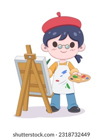 Cute Artist Painter standing behind canvas frame cartoon illustration