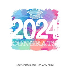 Cute artistic colorful banner for class of 2024 graduates. Congrats concept. Modern style icon or logo. Web button. Modern style texture with brushing strokes. Colored elements. White number. 