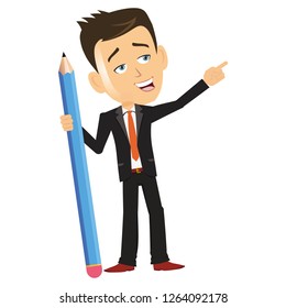 Cute artwork of a businessman manager ceo employee worker salesman holding a big pencil pen indicating pointing presenting