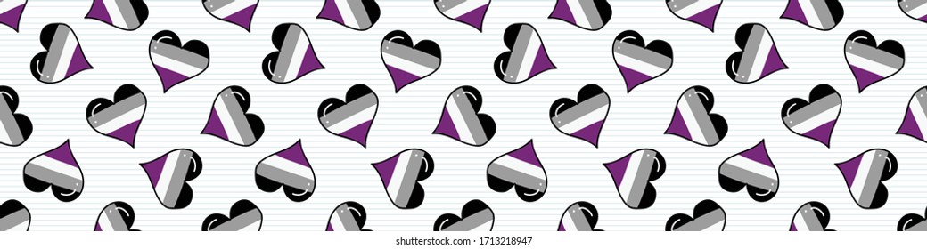 Cute asexual heart cartoon seamless vector border. Hand drawn isolated pride flag for LGBTQ blog. Gay love on stripe background all over print. Community tolerance tile. 