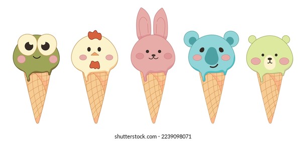 Cute asian animal shaped ice cream set. Mascot characters Frog, chicken, rabbit, koala, bear. Asian kawaii sweet food vector illustration isolated on a white background. 