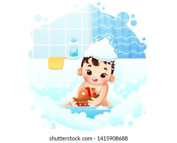 Cute asian baby boy playing in bath with a toy boat among the bubbles and foam. Vector illustration isolated on white background.